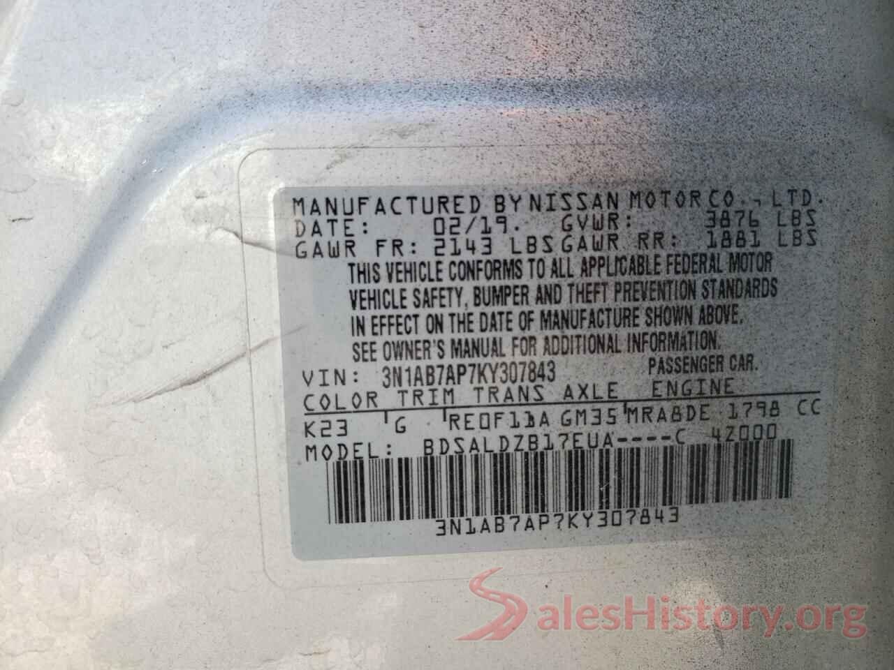 3N1AB7AP7KY307843 2019 NISSAN SENTRA