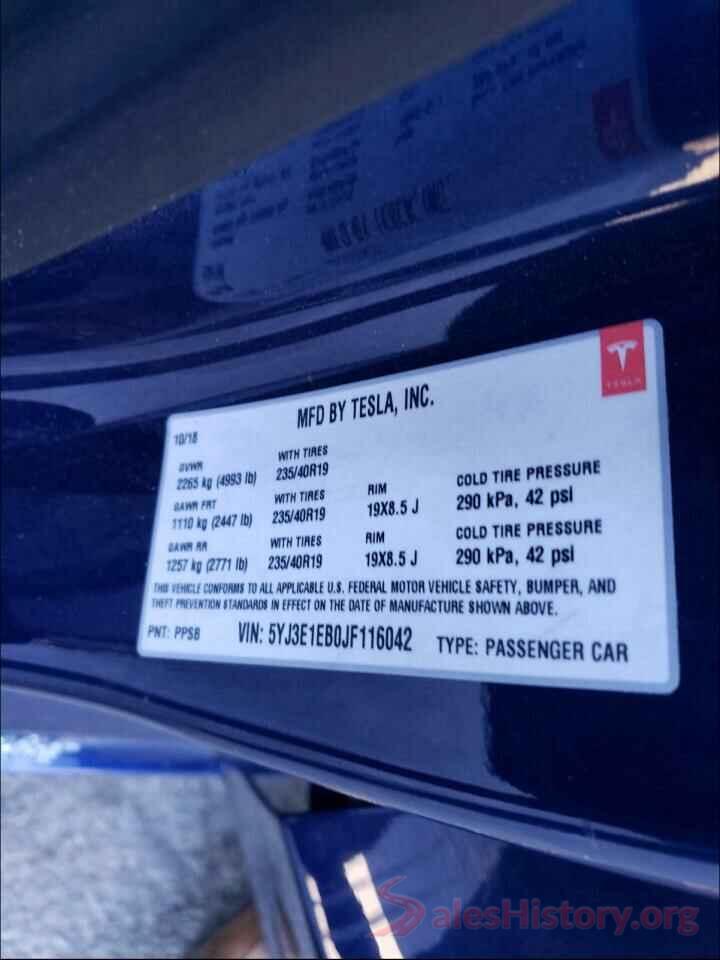 5YJ3E1EB0JF116042 2018 TESLA MODEL 3