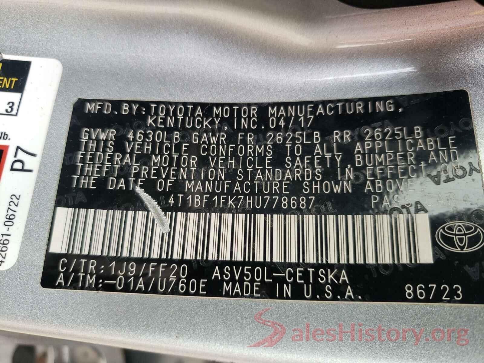 4T1BF1FK7HU778687 2017 TOYOTA CAMRY