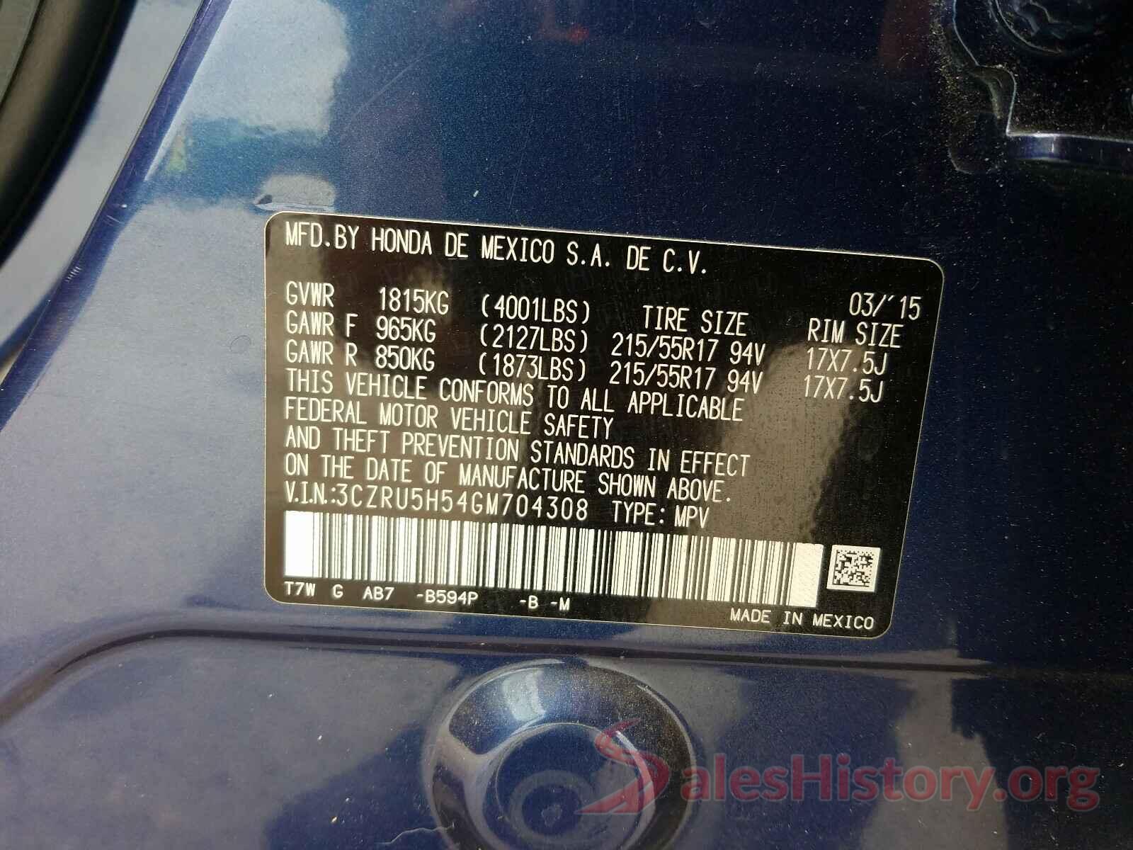 3CZRU5H54GM704308 2016 HONDA HR-V