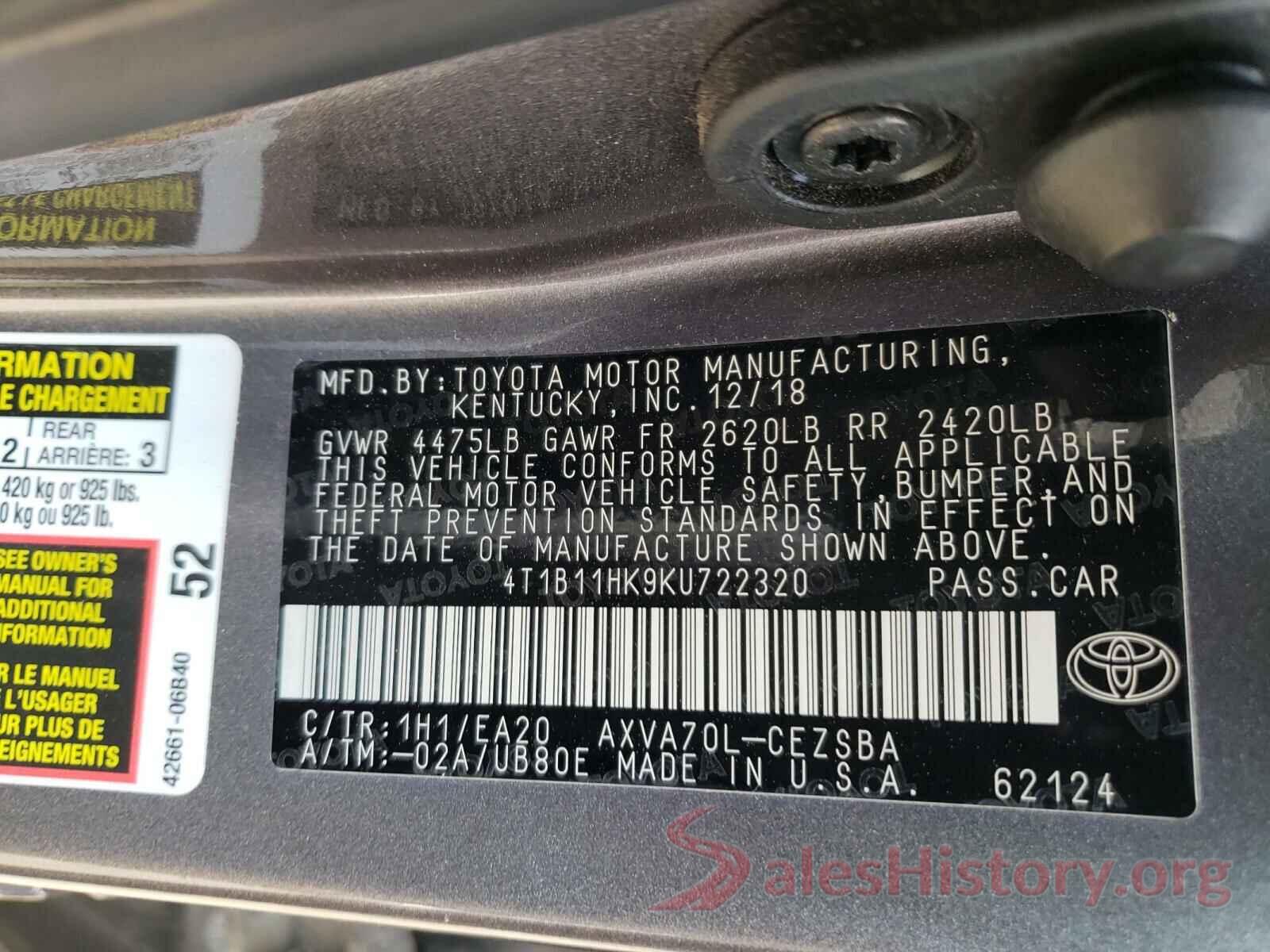 4T1B11HK9KU722320 2019 TOYOTA CAMRY