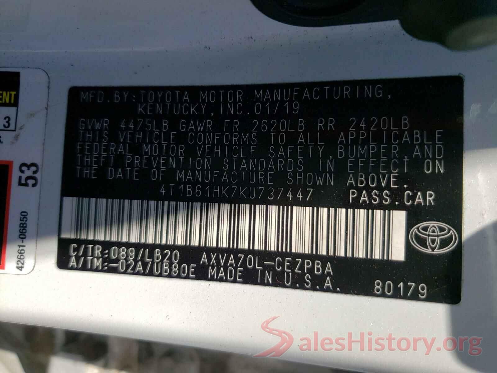 4T1B61HK7KU737447 2019 TOYOTA CAMRY