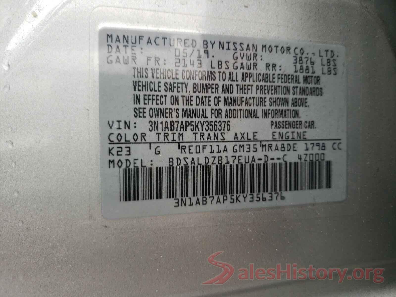 3N1AB7AP5KY356376 2019 NISSAN SENTRA