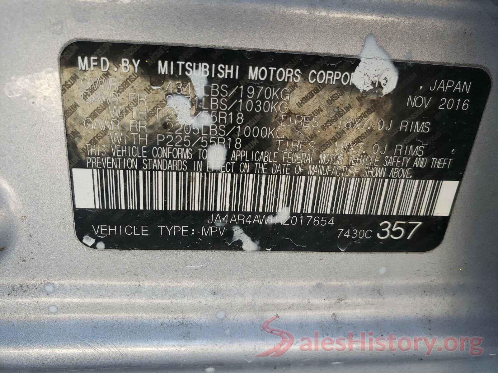 JA4AR4AW1HZ017654 2017 MITSUBISHI OUTLANDER