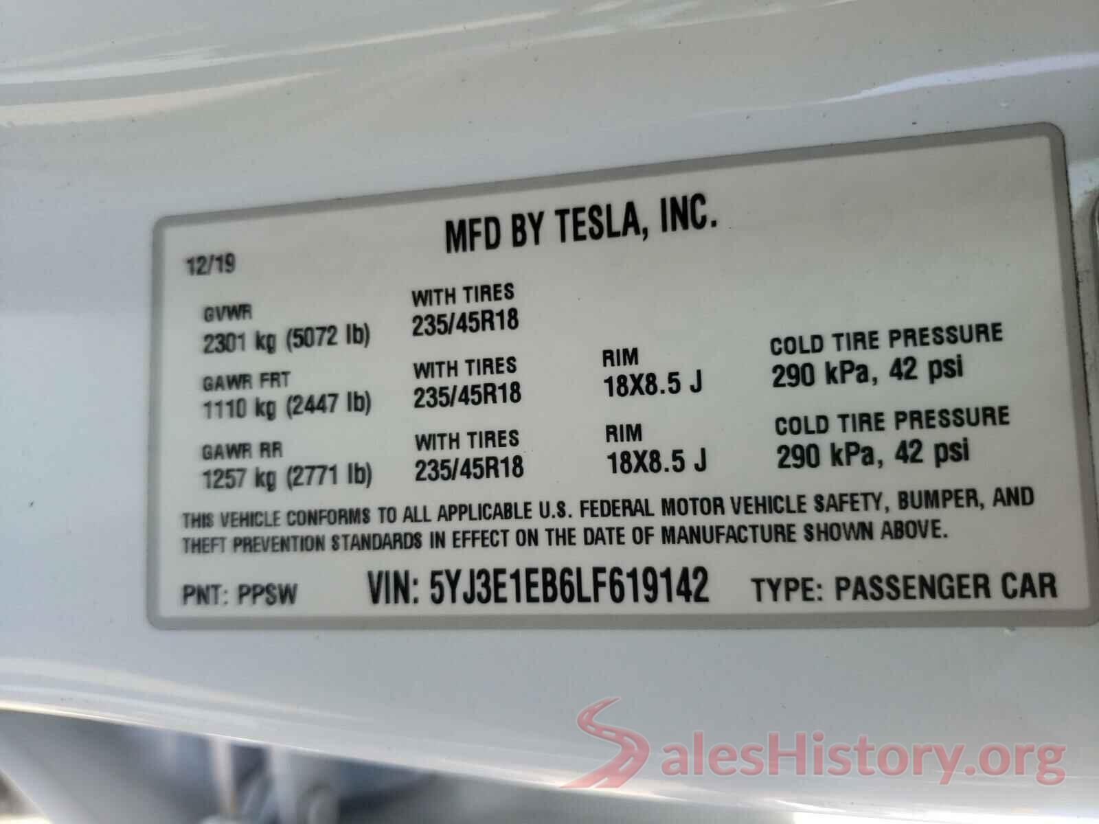 5YJ3E1EB6LF619142 2020 TESLA MODEL 3