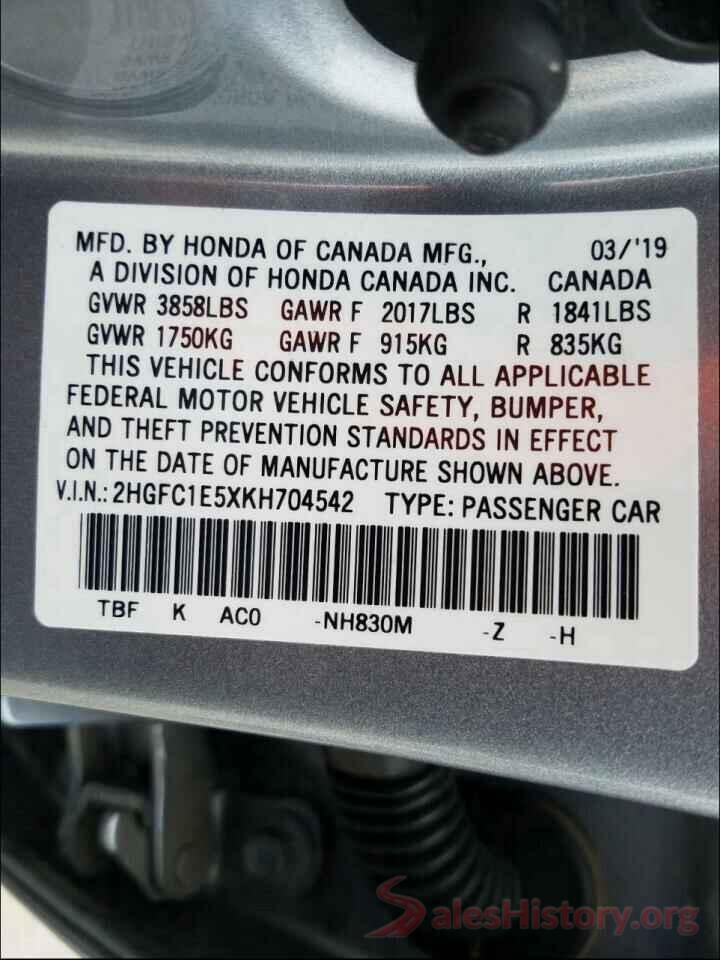 2HGFC1E5XKH704542 2019 HONDA CIVIC