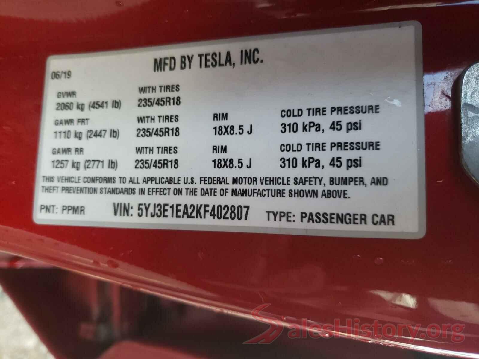 5YJ3E1EA2KF402807 2019 TESLA MODEL 3