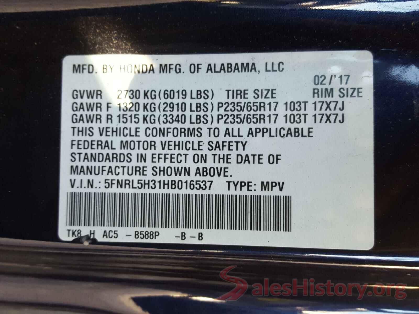 5FNRL5H31HB016537 2017 HONDA ODYSSEY