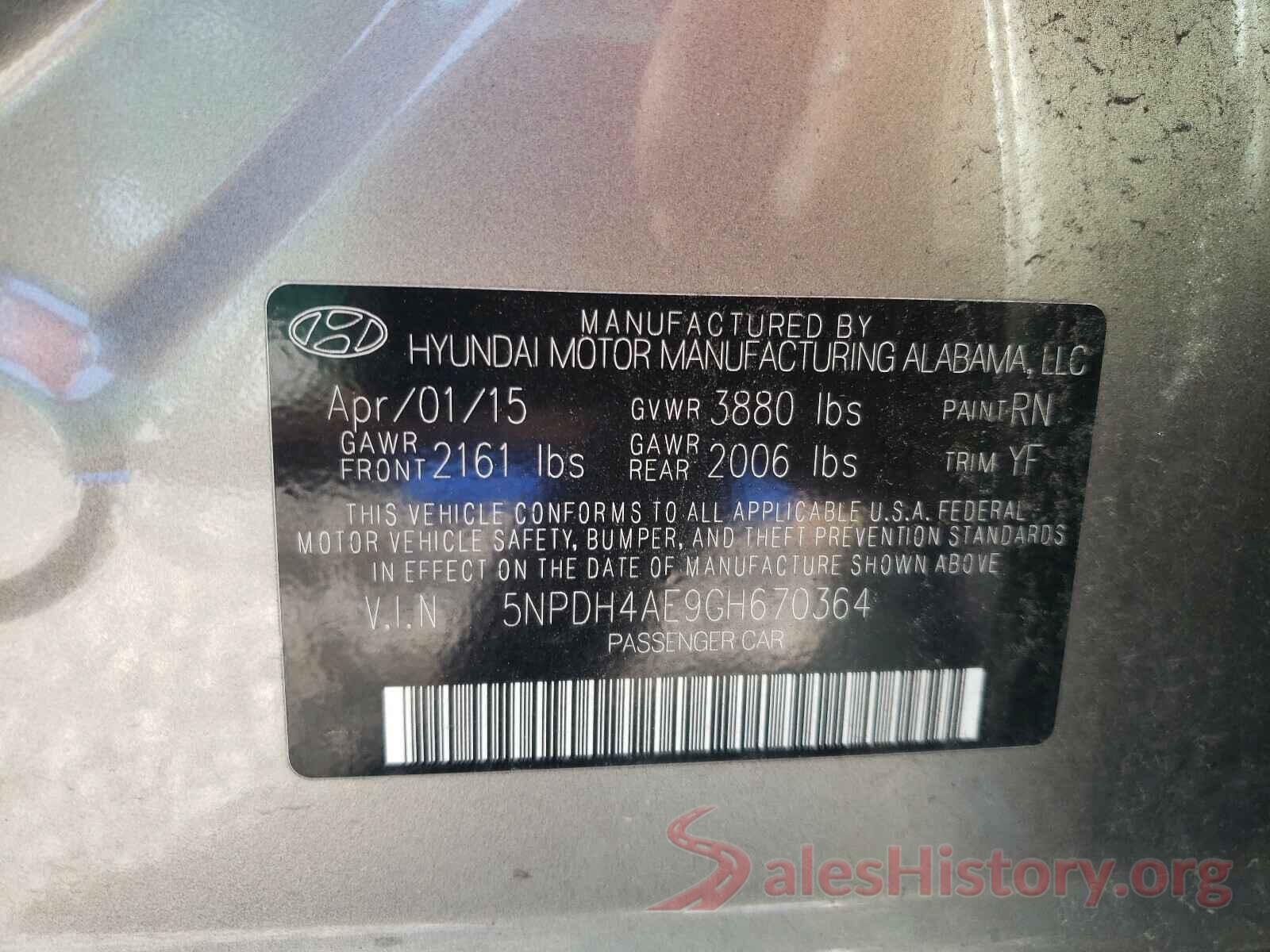 5NPDH4AE9GH670364 2016 HYUNDAI ELANTRA