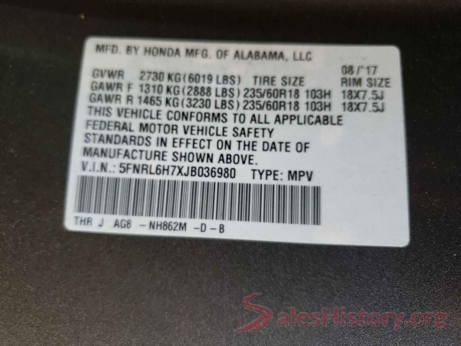 5FNRL6H7XJB036980 2018 HONDA ODYSSEY