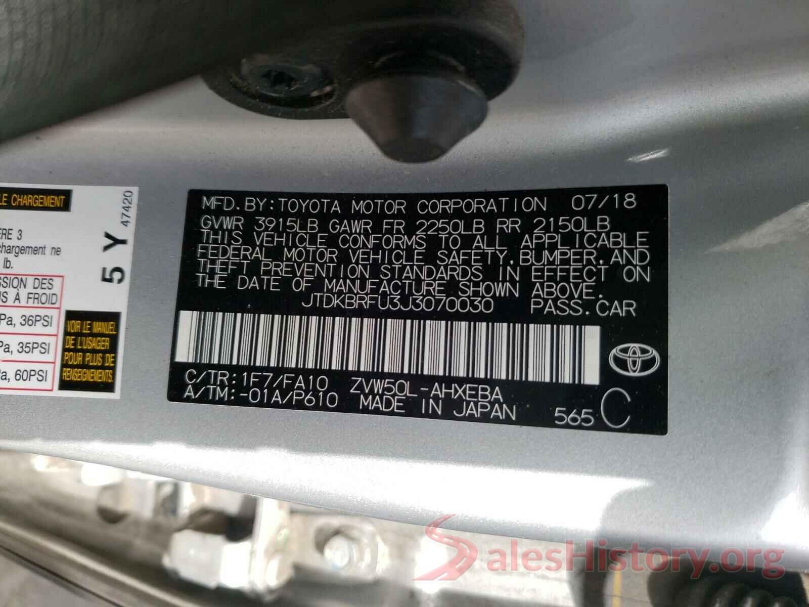 JTDKBRFU3J3070030 2018 TOYOTA PRIUS