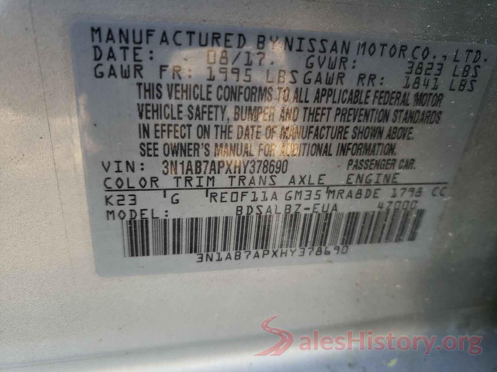 3N1AB7APXHY378690 2017 NISSAN SENTRA