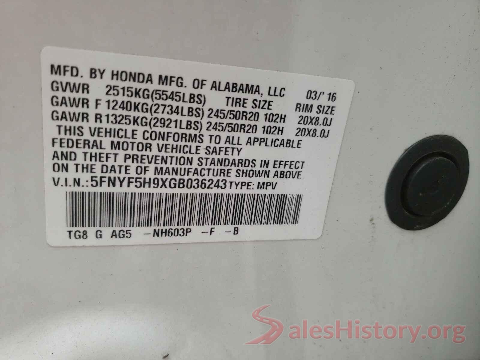 5FNYF5H9XGB036243 2016 HONDA PILOT