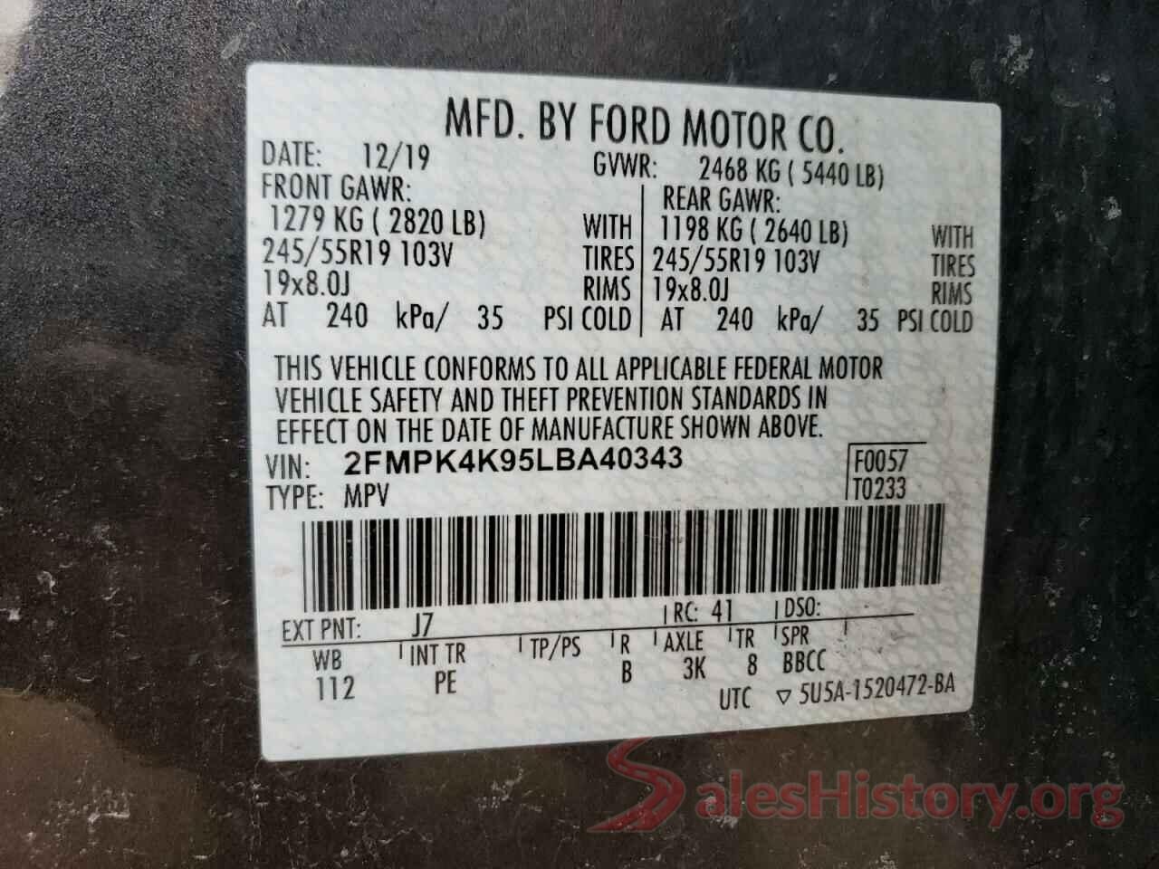 2FMPK4K95LBA40343 2020 FORD EDGE