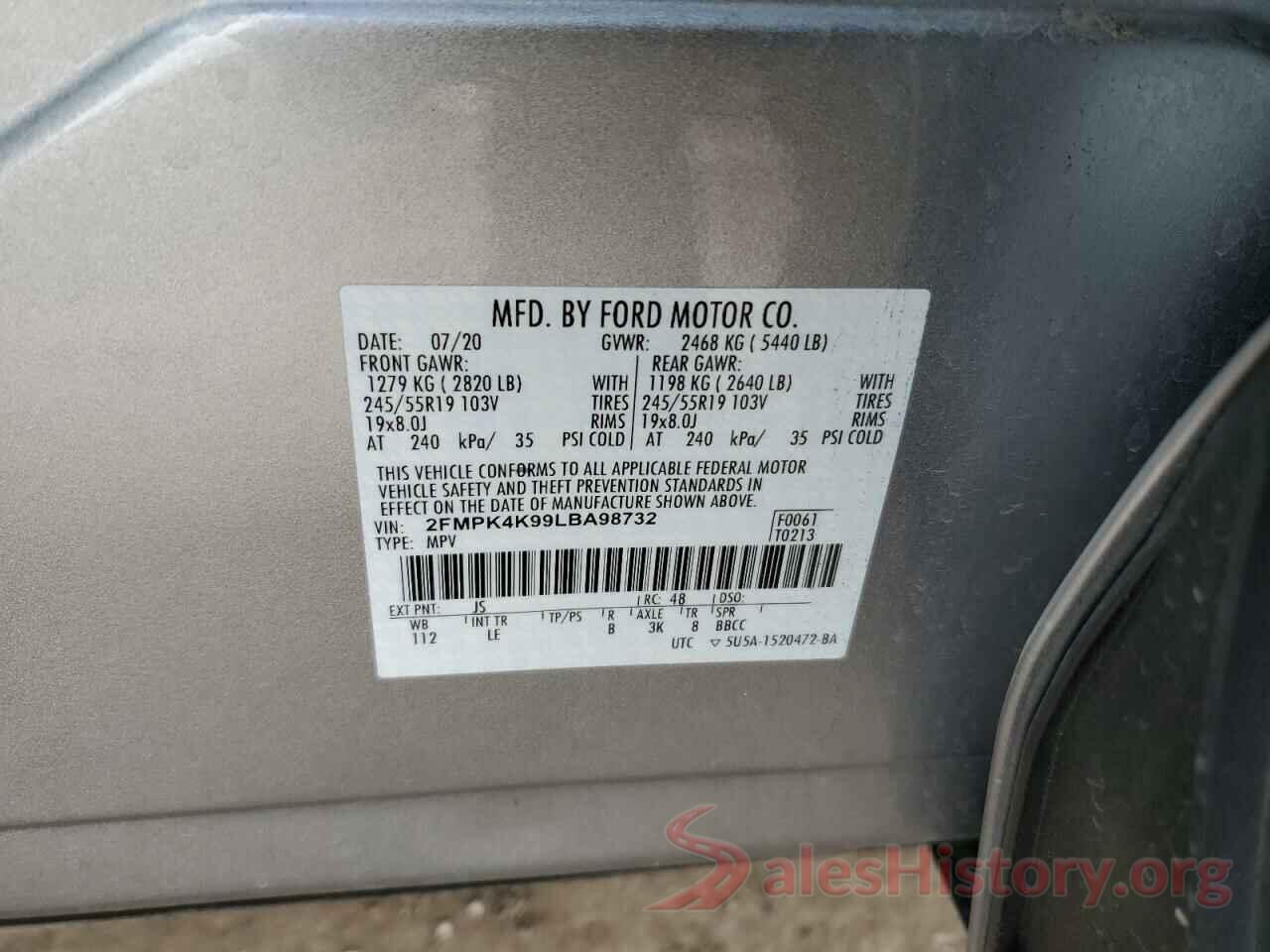 2FMPK4K99LBA98732 2020 FORD EDGE