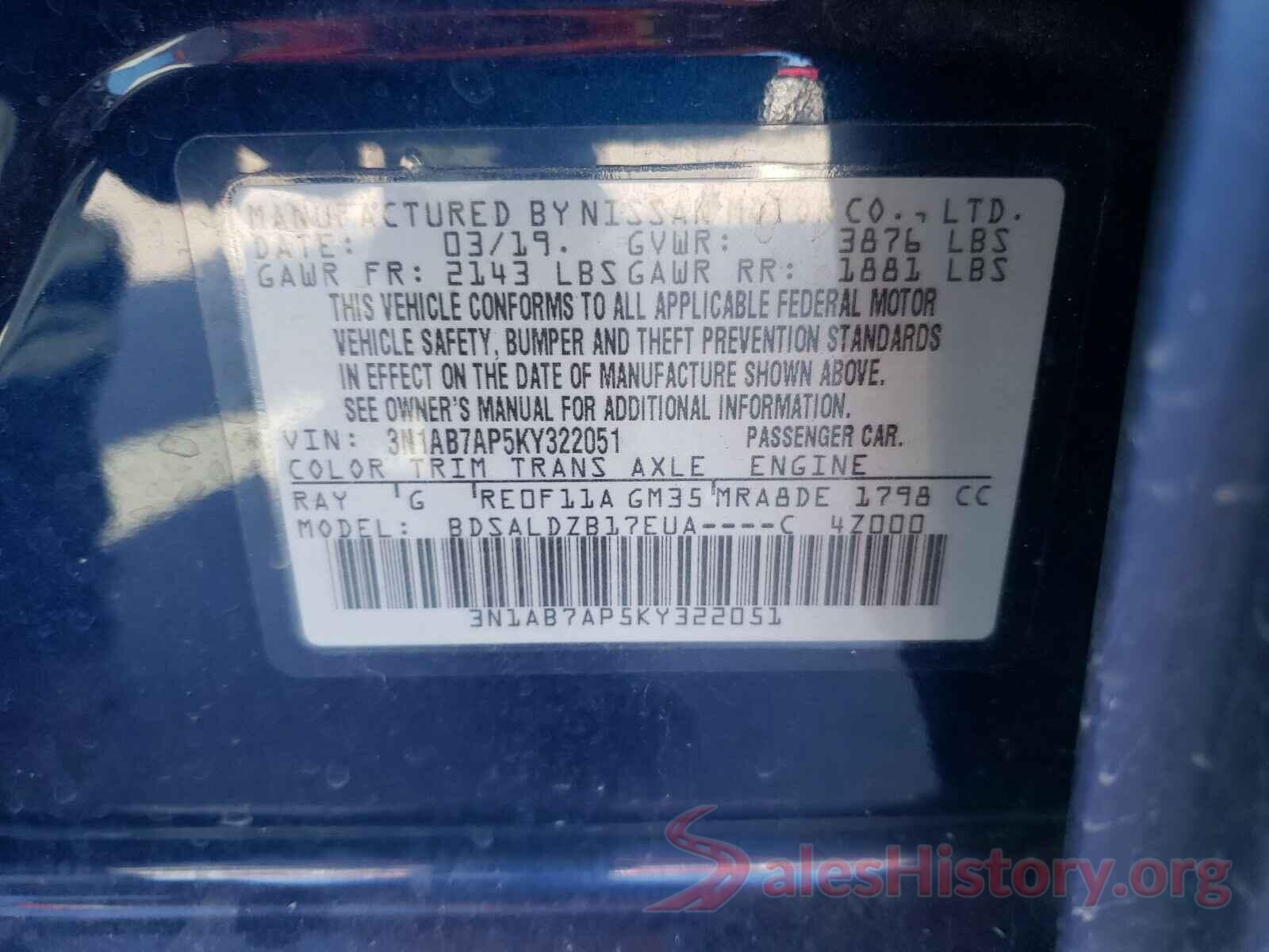 3N1AB7AP5KY322051 2019 NISSAN SENTRA