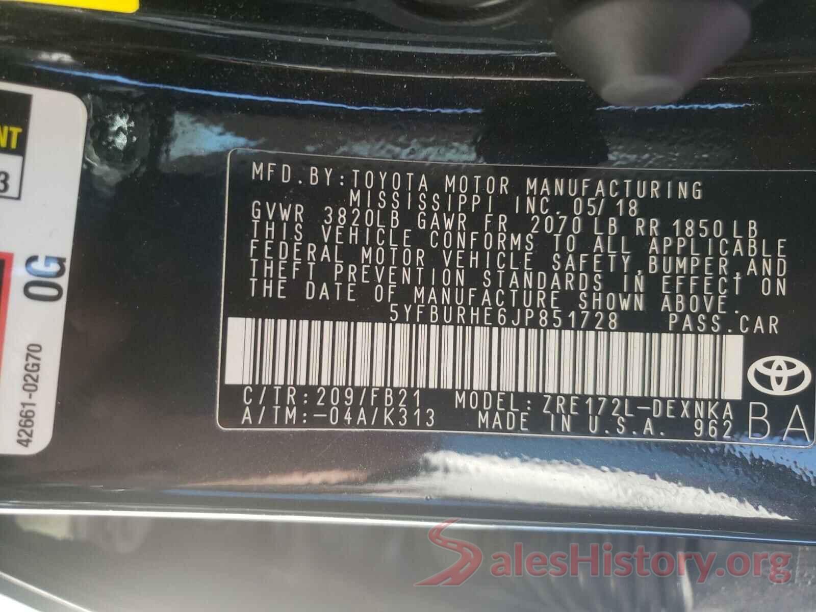 5YFBURHE6JP851728 2018 TOYOTA COROLLA