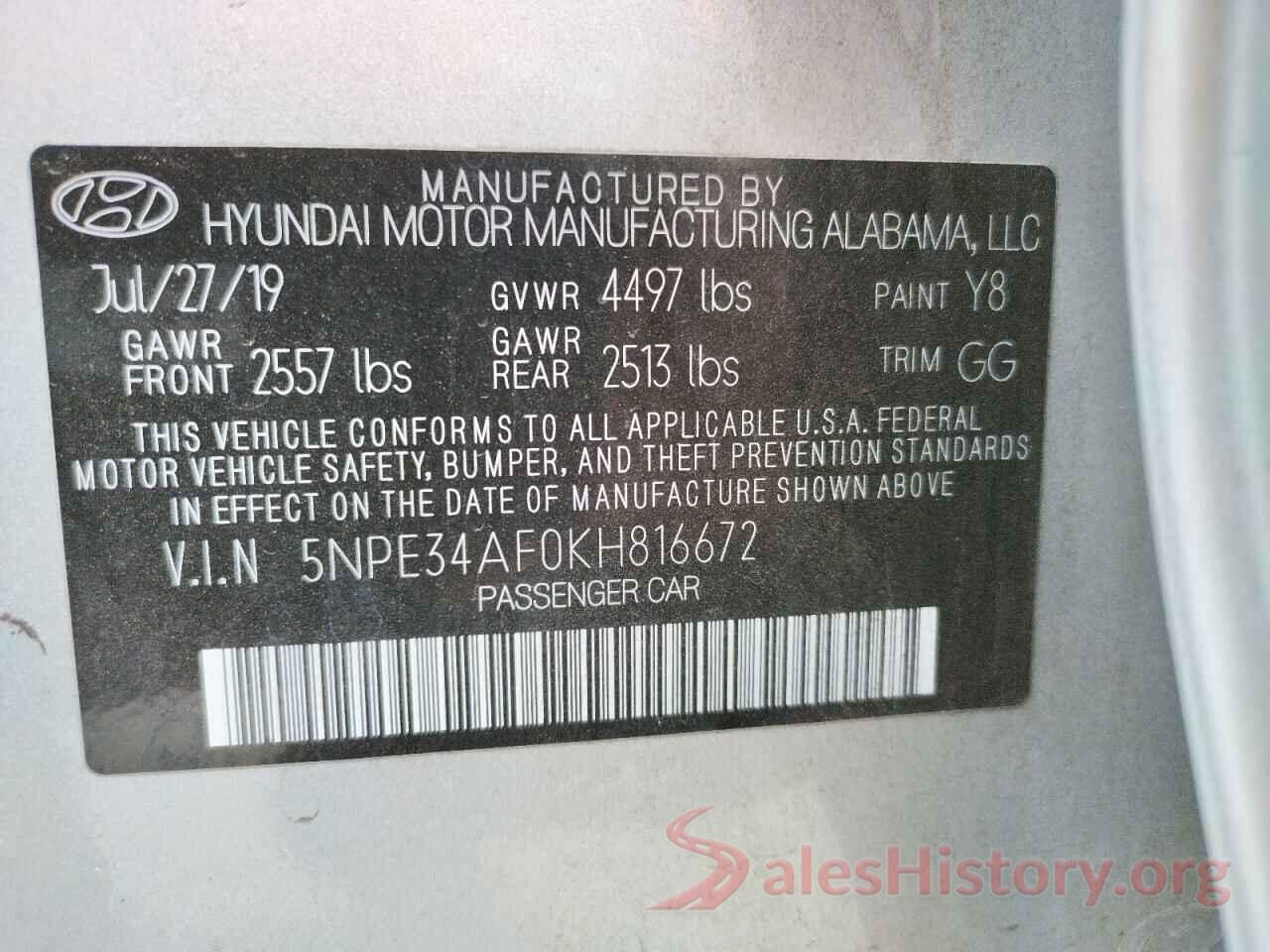 5NPE34AF0KH816672 2019 HYUNDAI SONATA