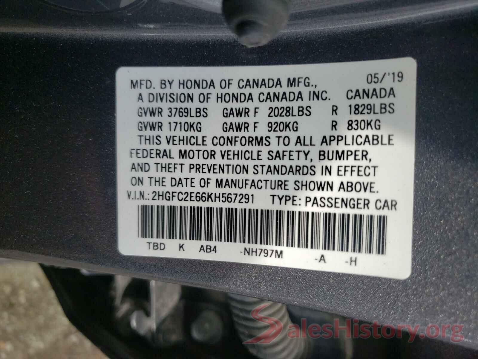 2HGFC2E66KH567291 2019 HONDA CIVIC