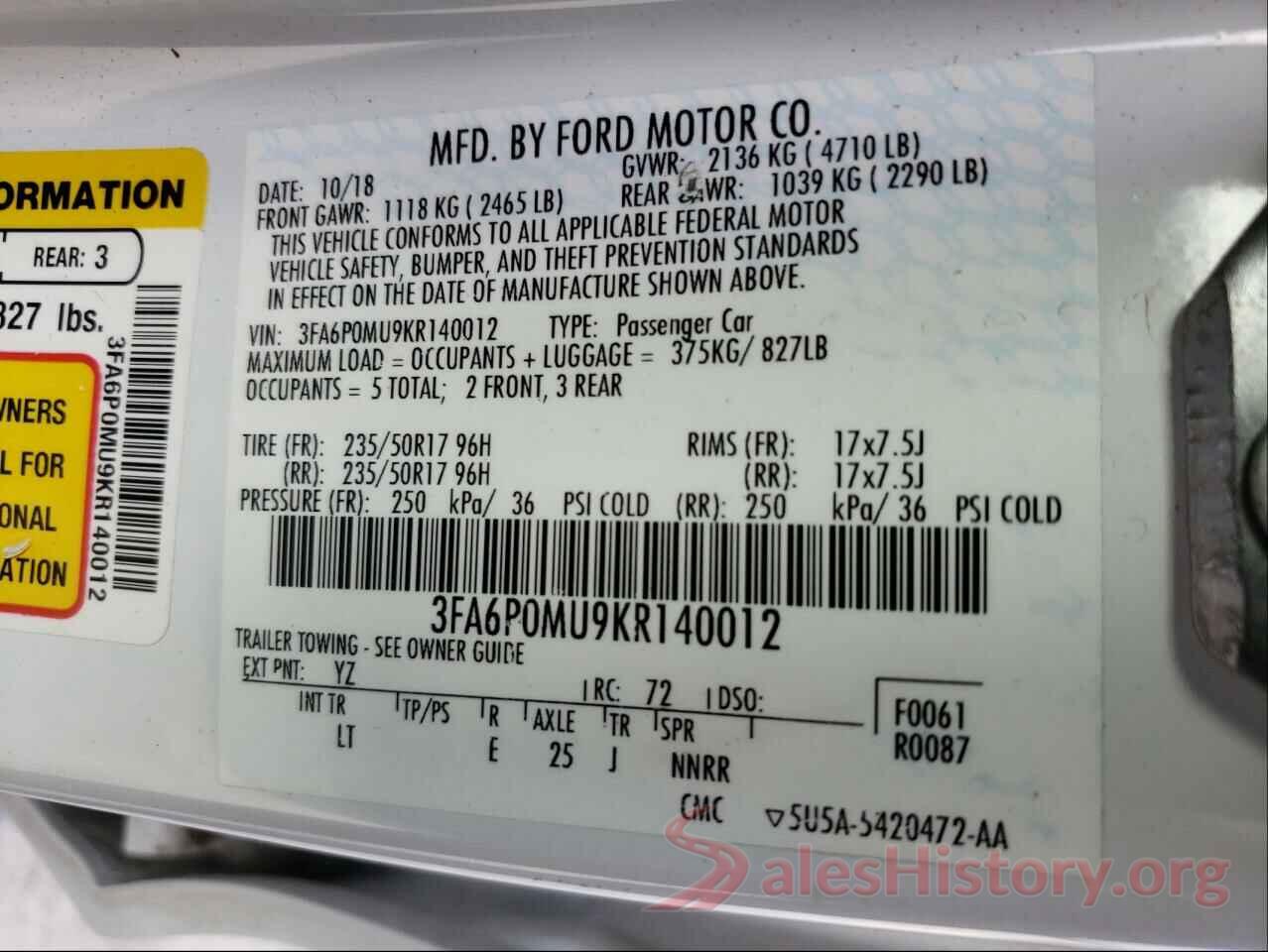 3FA6P0MU9KR140012 2019 FORD FUSION