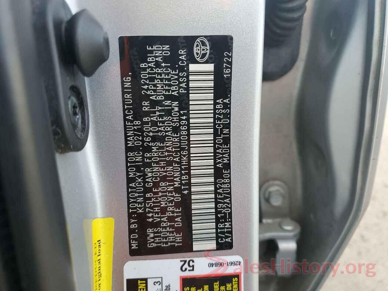 4T1B11HK6JU086941 2018 TOYOTA CAMRY