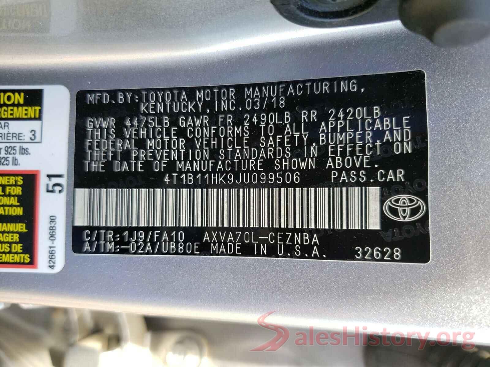 4T1B11HK9JU099506 2018 TOYOTA CAMRY