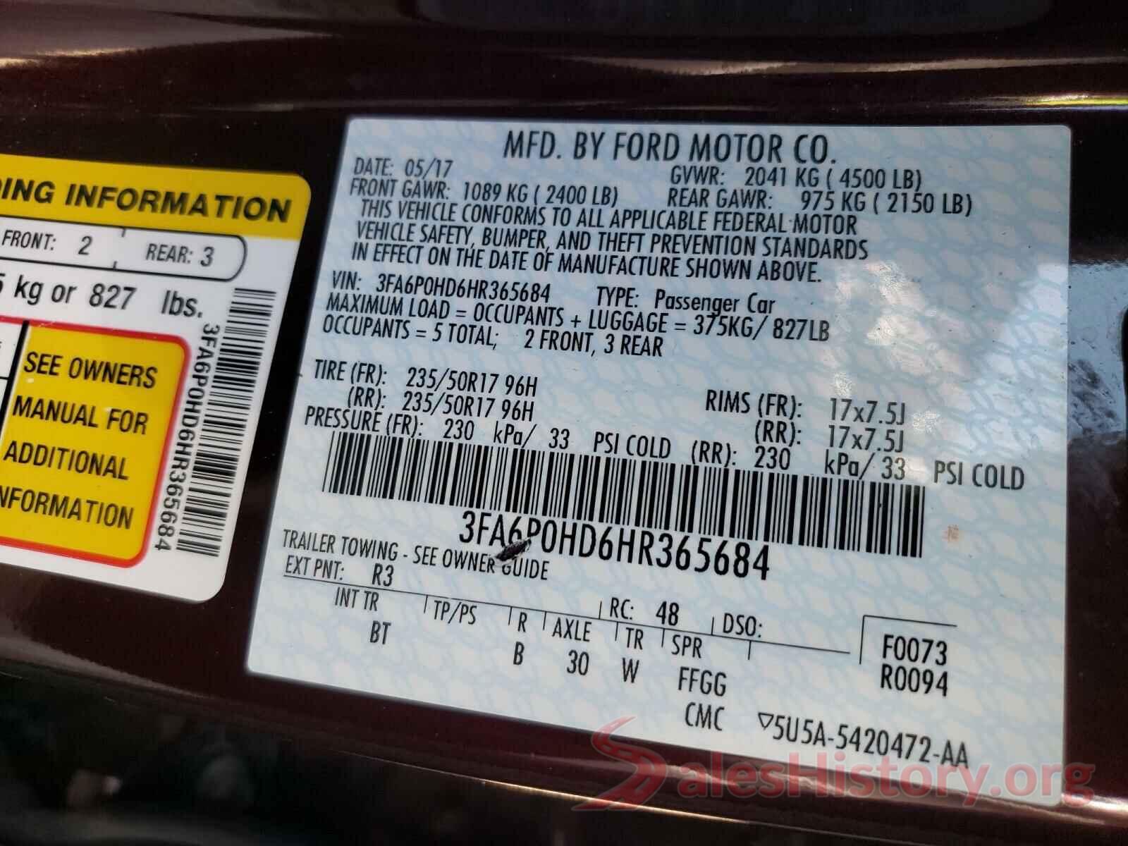 3FA6P0HD6HR365684 2017 FORD FUSION