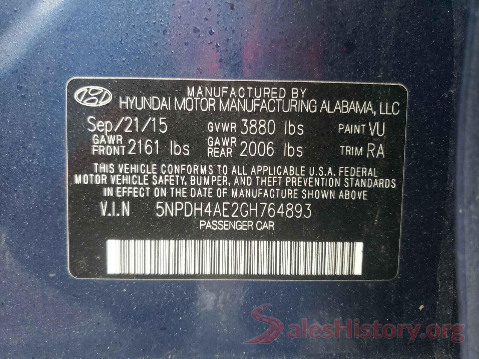 5NPDH4AE2GH764893 2016 HYUNDAI ELANTRA