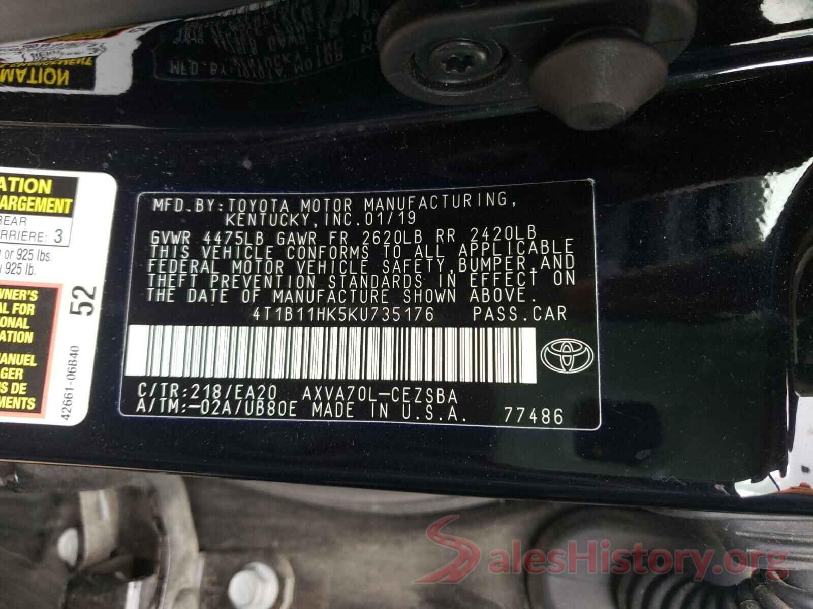 4T1B11HK5KU735176 2019 TOYOTA CAMRY