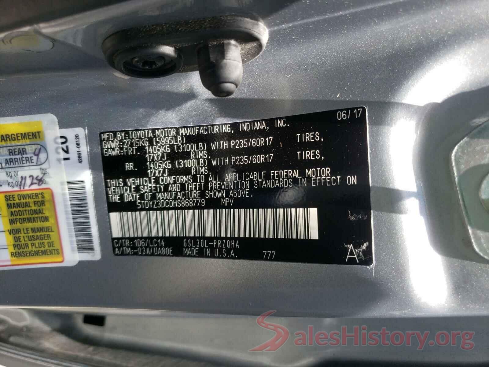 5TDYZ3DC0HS868779 2017 TOYOTA SIENNA