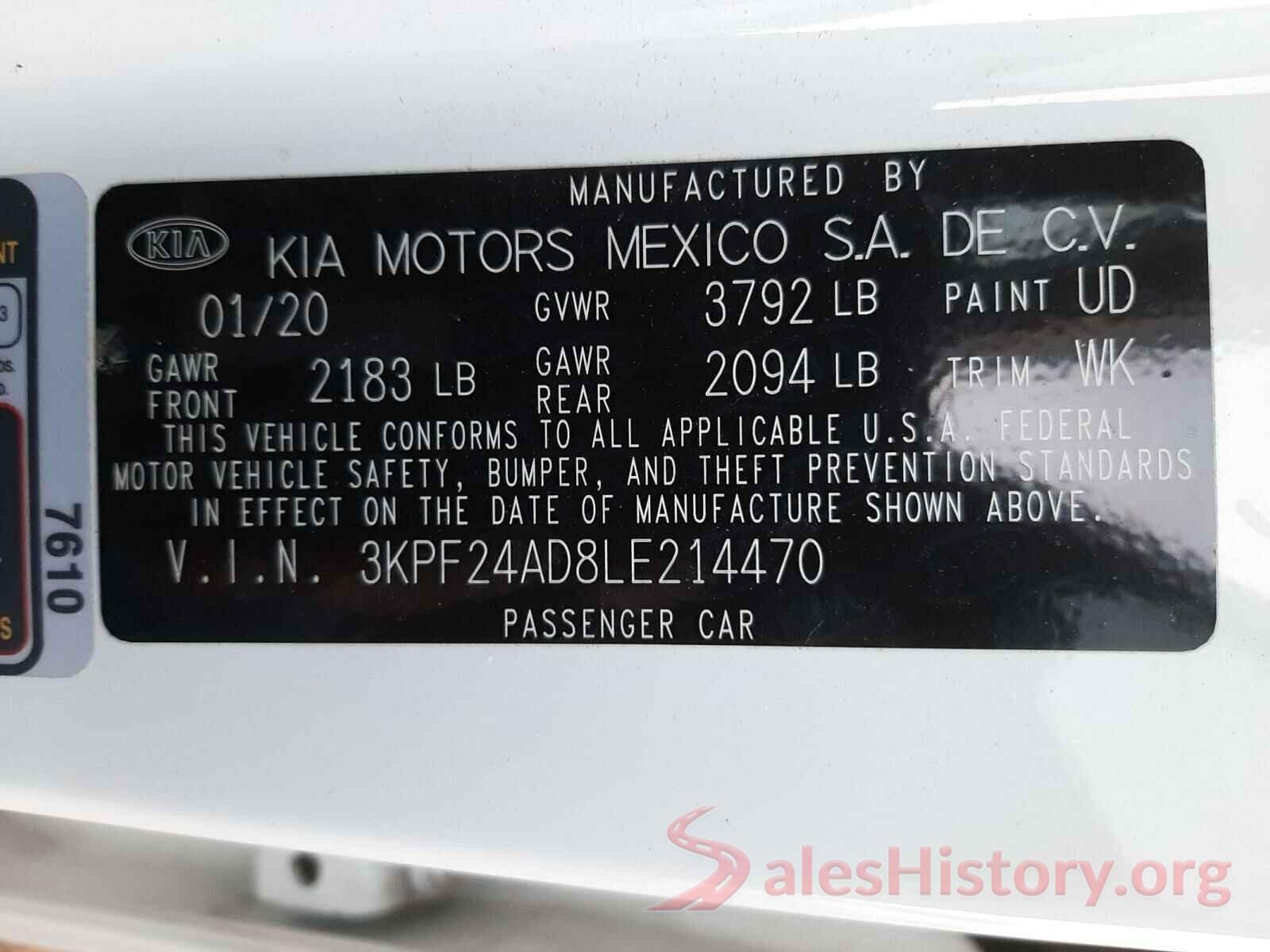 3KPF24AD8LE214470 2020 KIA FORTE