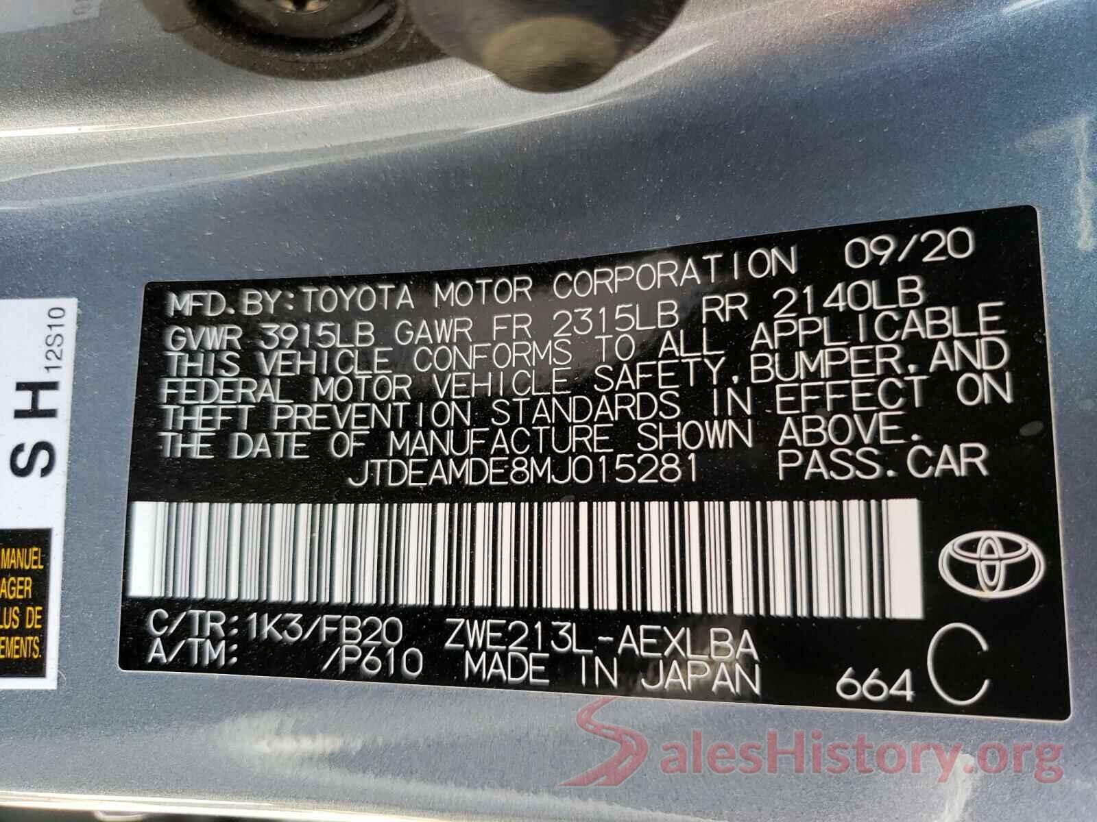 JTDEAMDE8MJ015281 2021 TOYOTA COROLLA