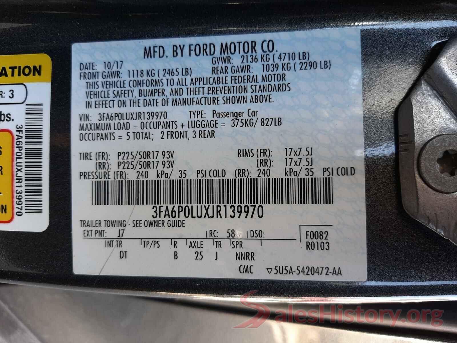 3FA6P0LUXJR139970 2018 FORD FUSION