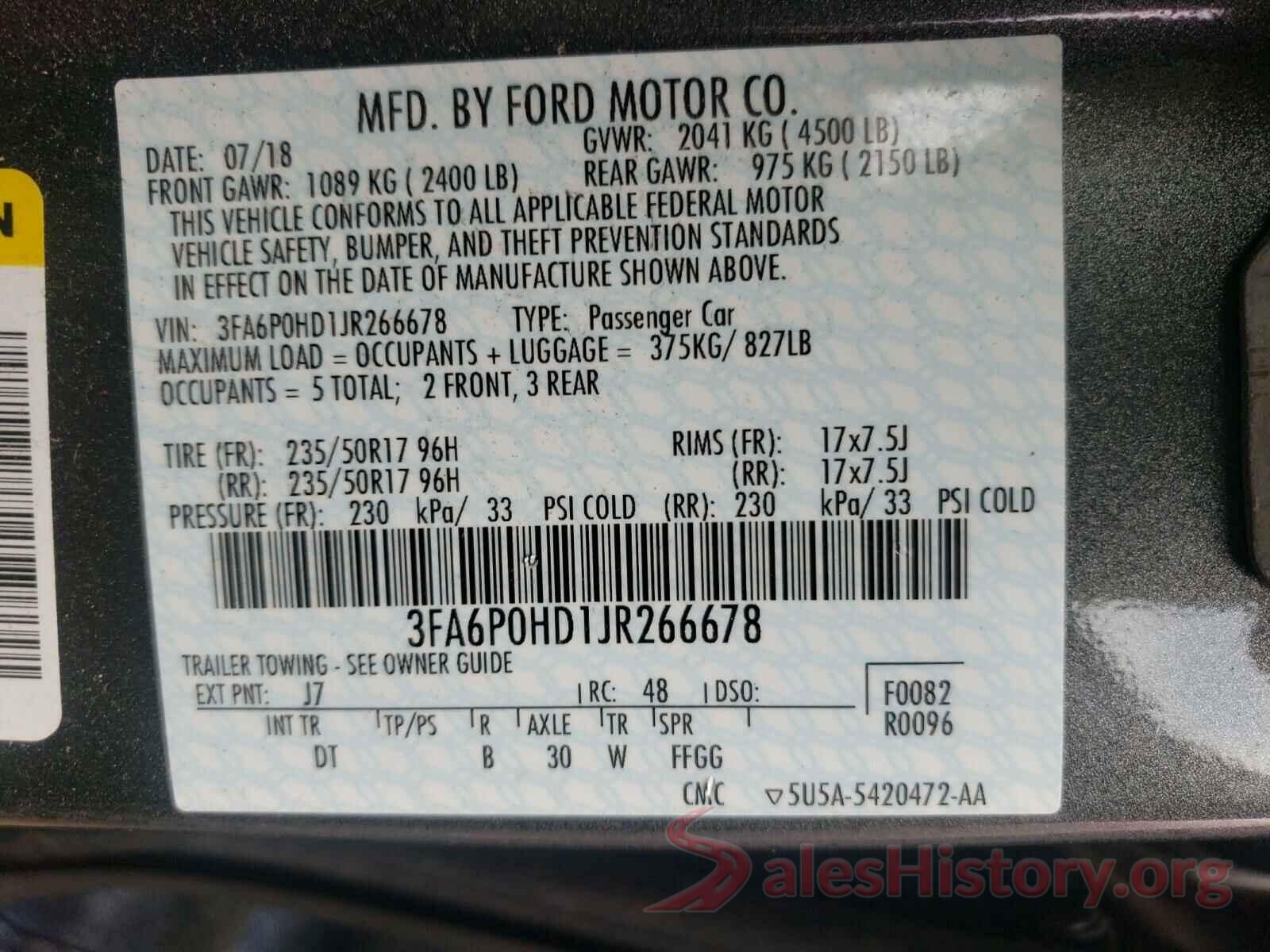 3FA6P0HD1JR266678 2018 FORD FUSION