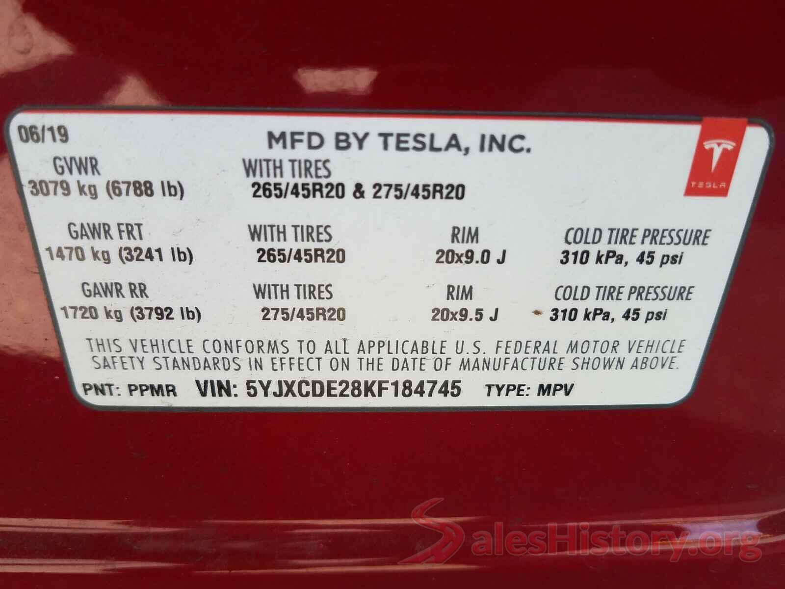 5YJXCDE28KF184745 2019 TESLA MODEL X