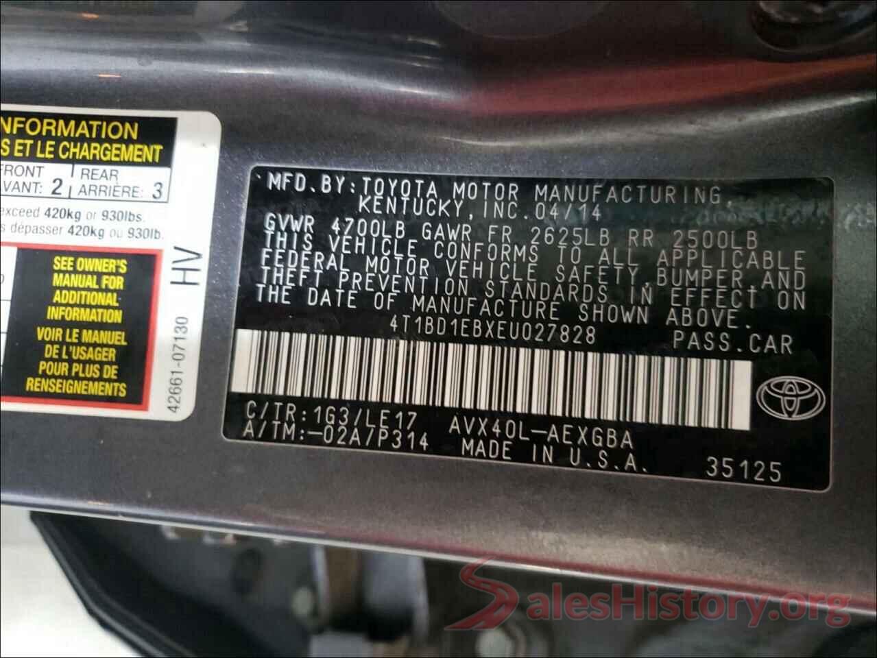 4T1BD1EBXEU027828 2014 TOYOTA AVALON