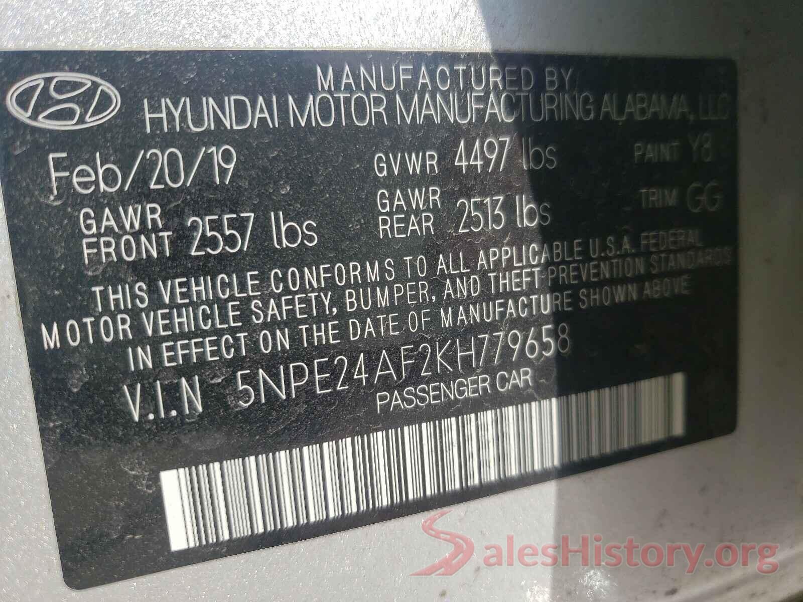 5NPE24AF2KH779658 2019 HYUNDAI SONATA