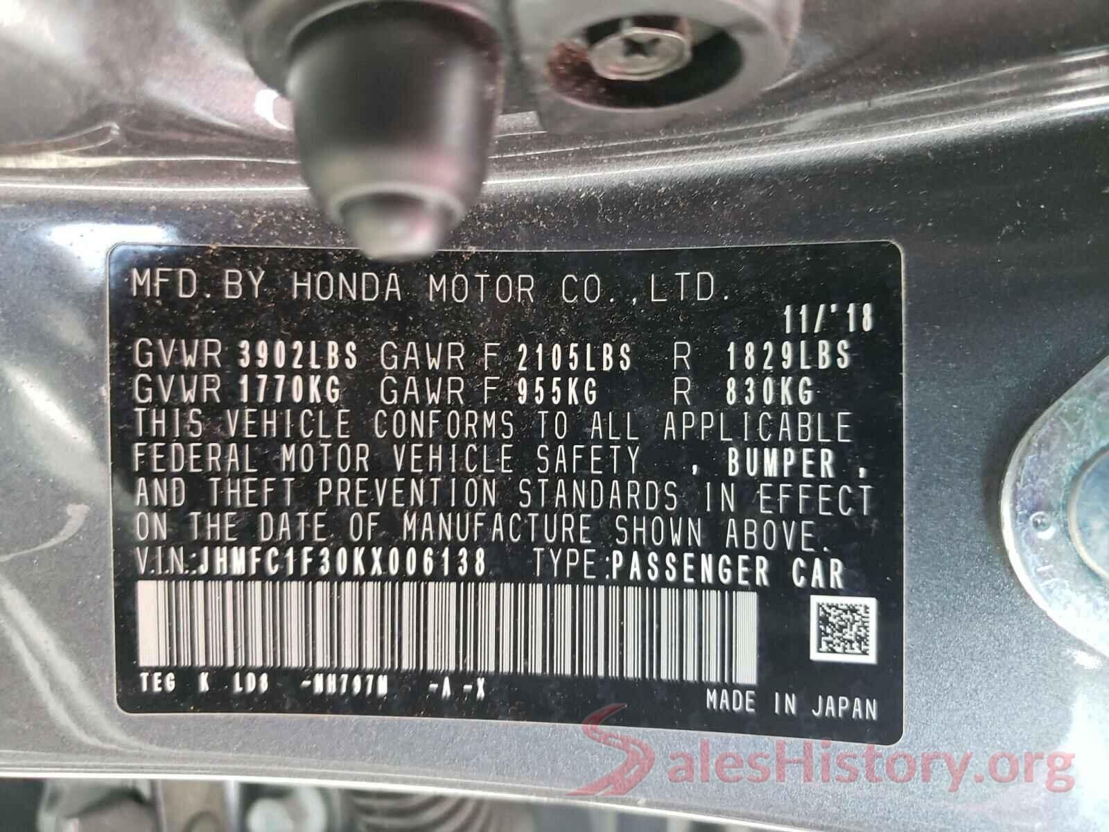 JHMFC1F30KX006138 2019 HONDA CIVIC