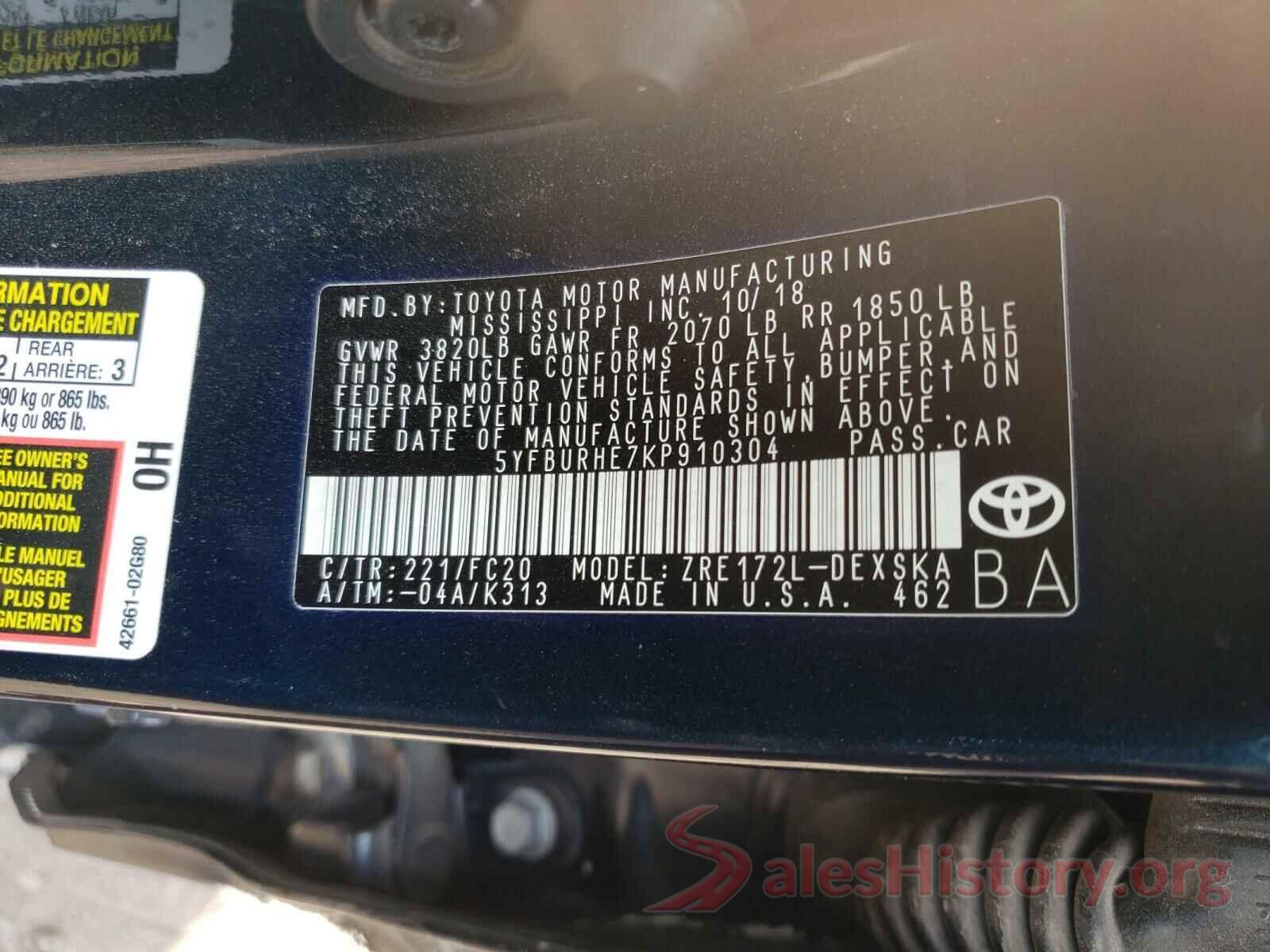 5YFBURHE7KP910304 2019 TOYOTA COROLLA