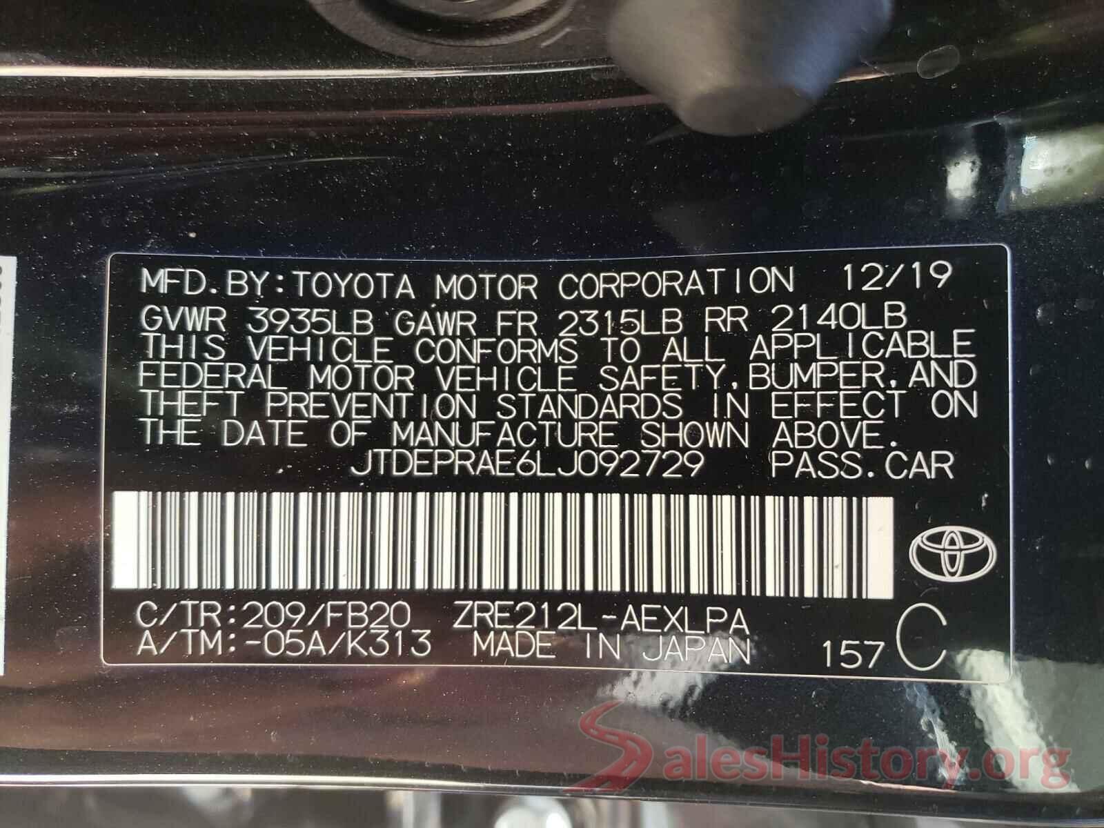 JTDEPRAE6LJ092729 2020 TOYOTA COROLLA