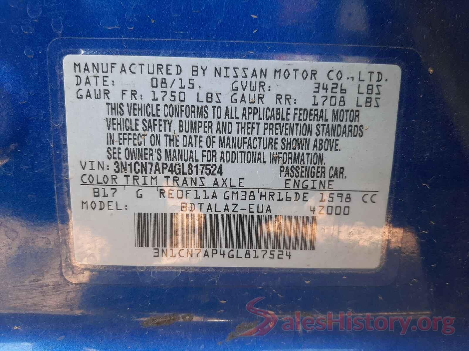 3N1CN7AP4GL817524 2016 NISSAN VERSA