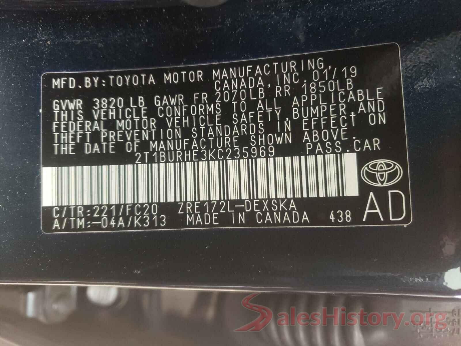 2T1BURHE3KC235969 2019 TOYOTA COROLLA