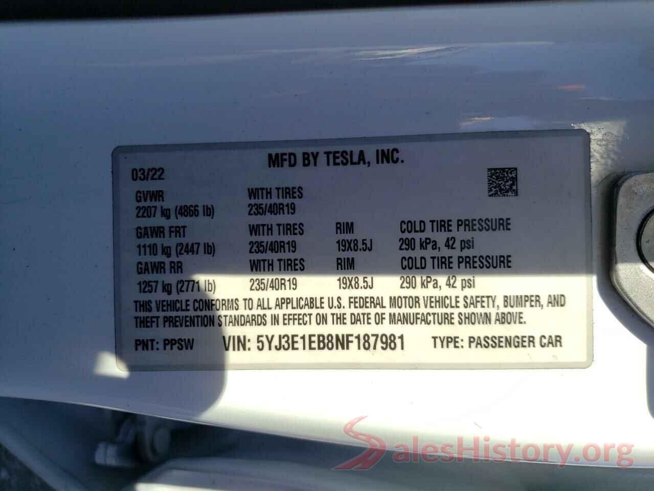 5YJ3E1EB8NF187981 2022 TESLA MODEL 3