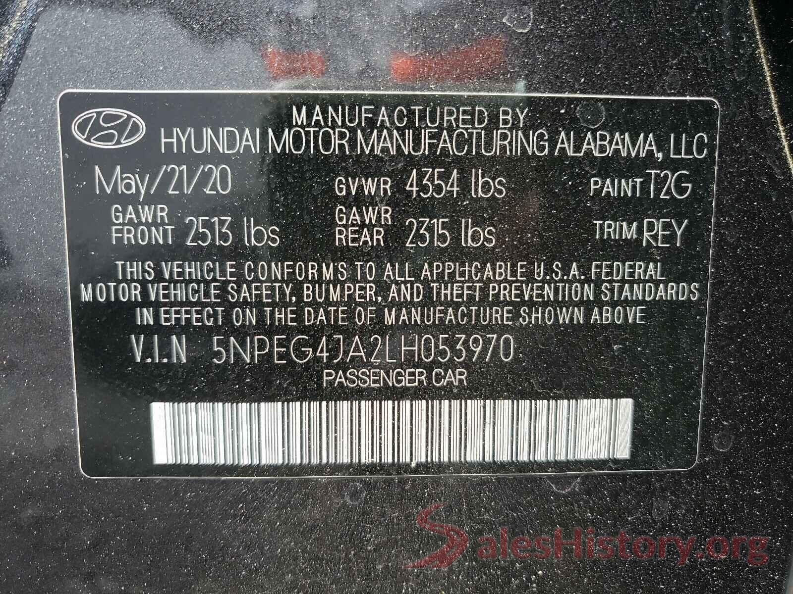 5NPEG4JA2LH053970 2020 HYUNDAI SONATA