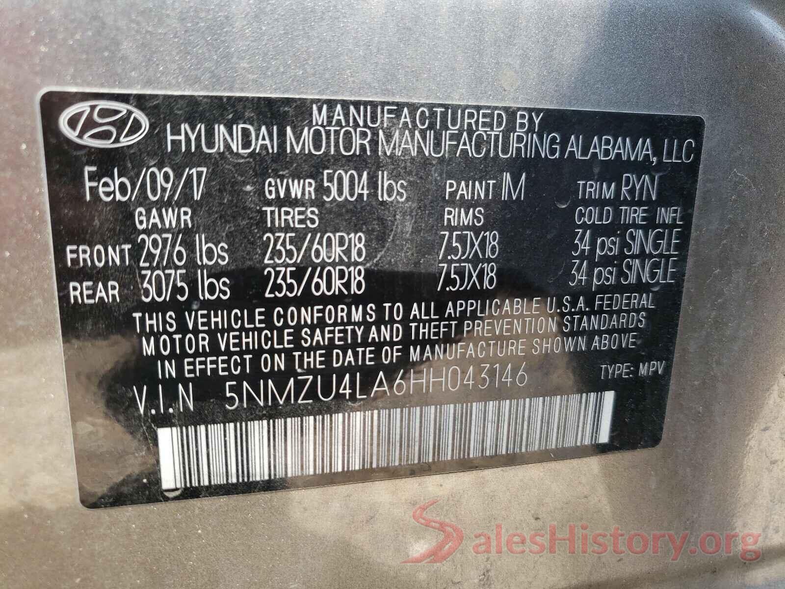 5NMZU4LA6HH043146 2017 HYUNDAI SANTA FE