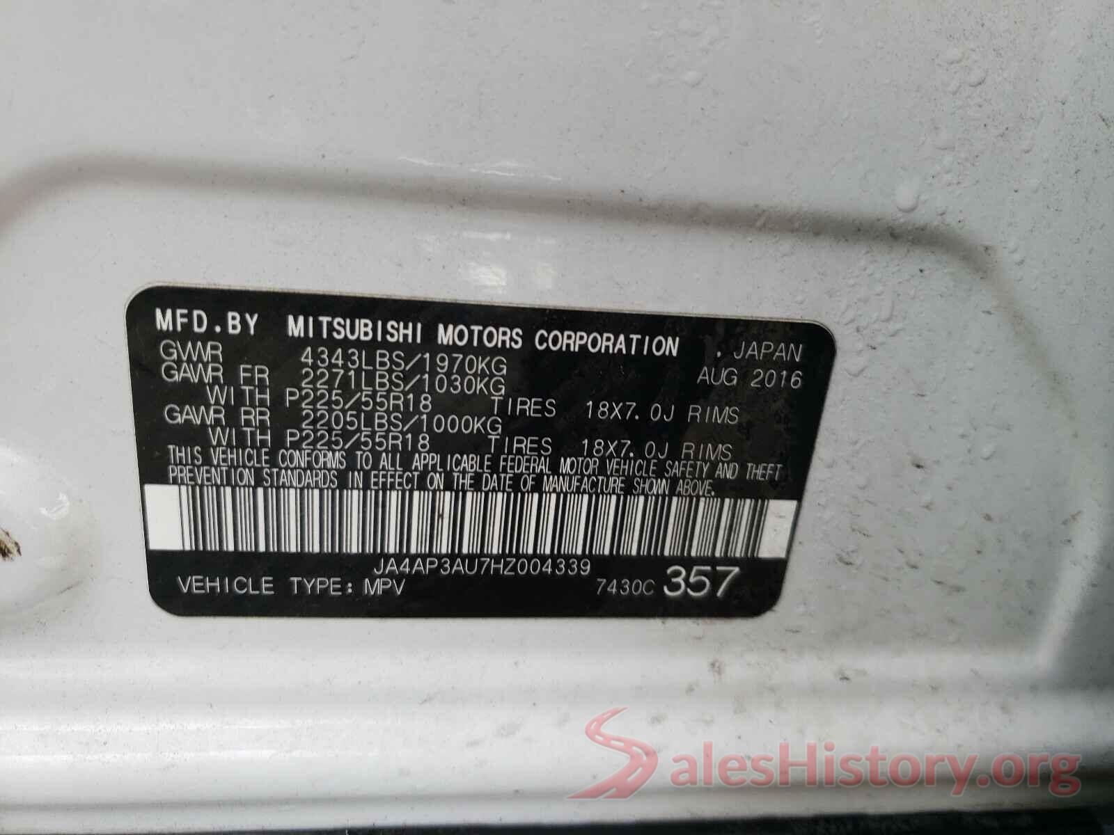 JA4AP3AU7HZ004339 2017 MITSUBISHI OUTLANDER