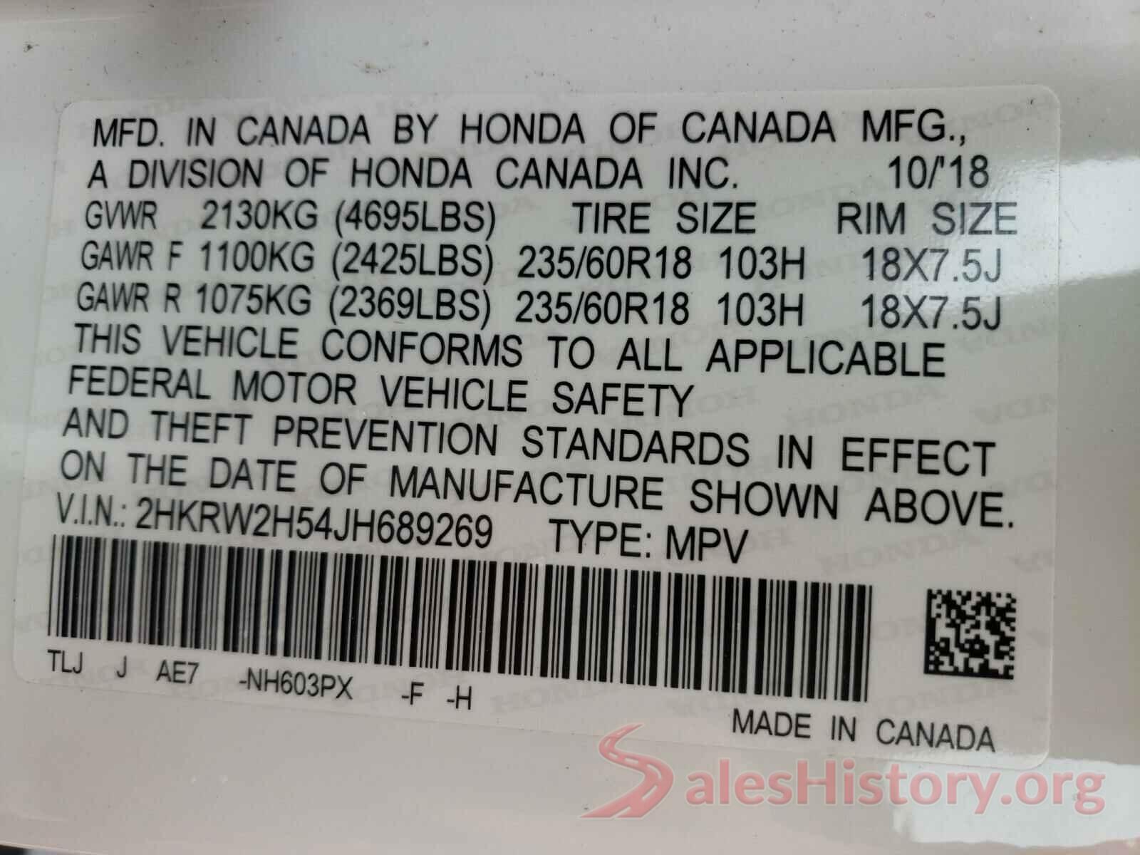 2HKRW2H54JH689269 2018 HONDA CRV