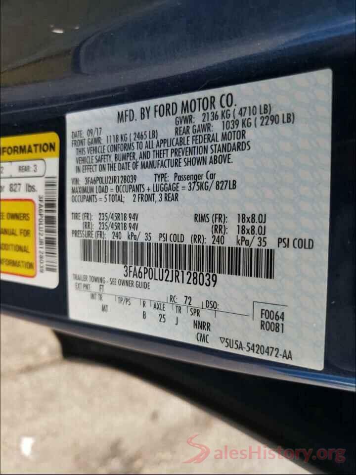 3FA6P0LU2JR128039 2018 FORD FUSION