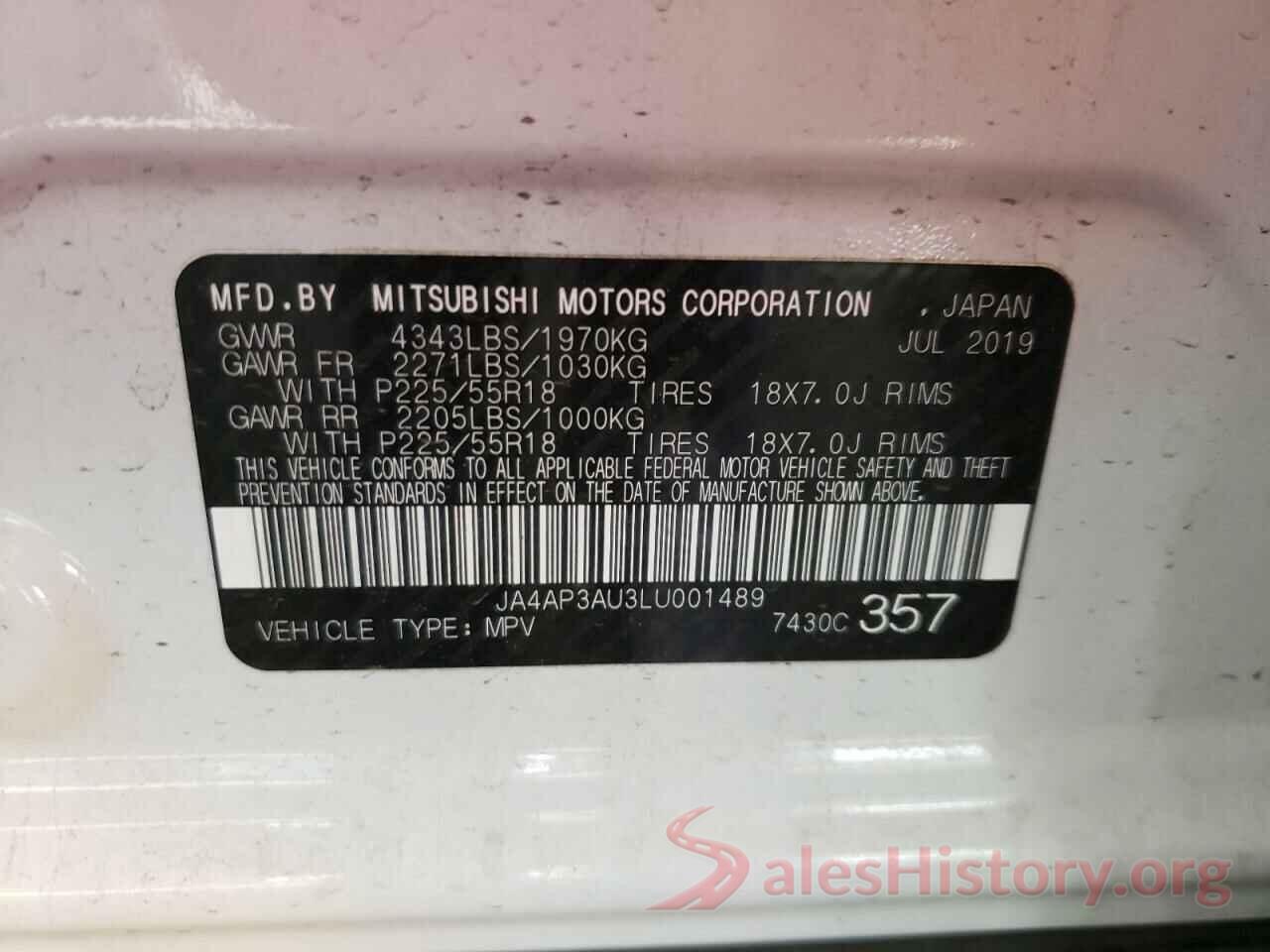 JA4AP3AU3LU001489 2020 MITSUBISHI OUTLANDER