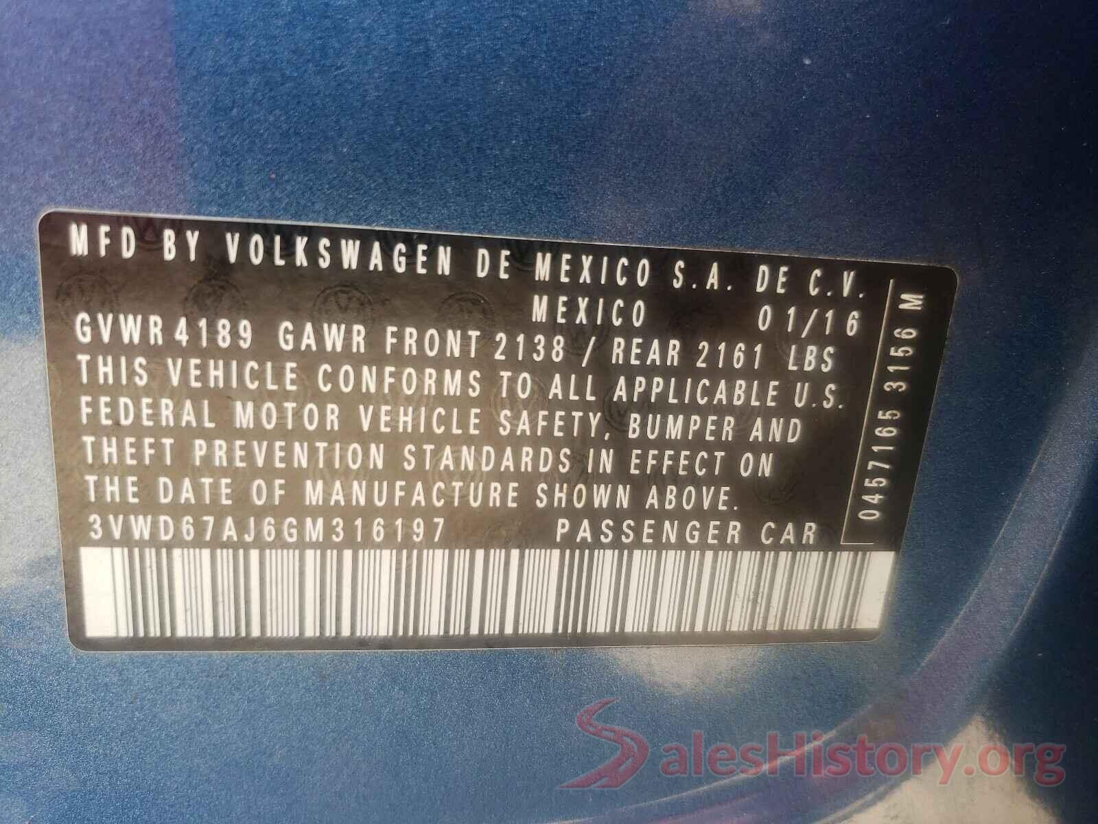 3VWD67AJ6GM316197 2016 VOLKSWAGEN JETTA